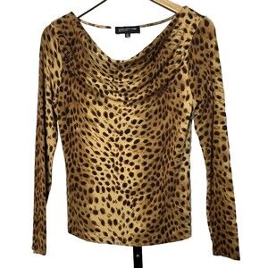 Jones New York Signature Top Long Sleeve Drape Neck Leopard T Shirt Petite Small